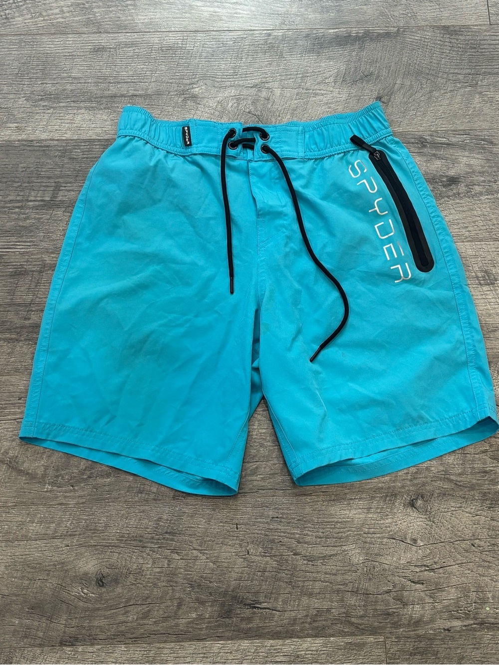 Spyder Men's Blue Solid Swim Shorts Drawstring Elastic Waist Zip Pocket S